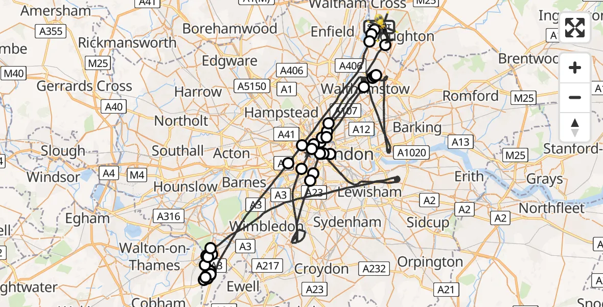 Flight path map showing Police Helicopter route from Sewardstonebury to Metropolitan Police Air Support Unit Lippitts Hill