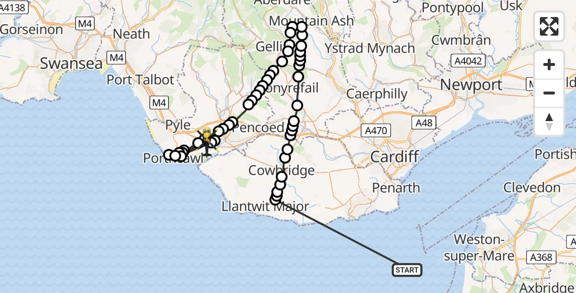 Flight path map showing Police Helicopter route from Bristol Channel to Laleston