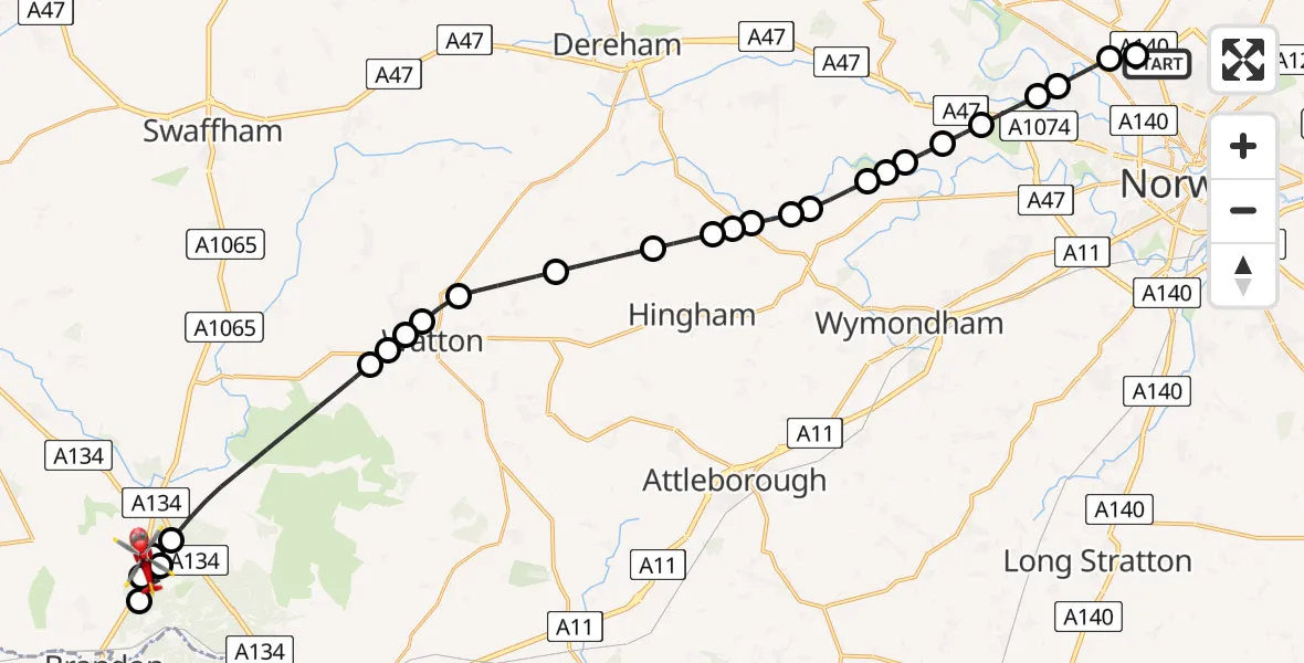Flight path map showing Air Ambulance Helicopter route from Norwich Airport to Breckland