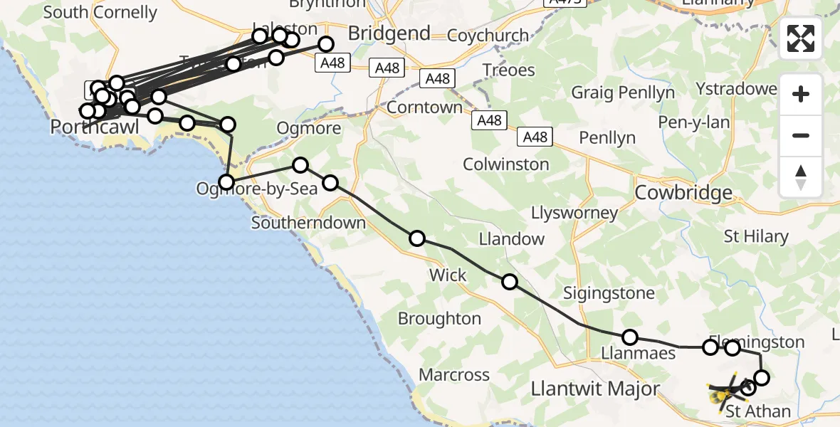 Flight path map showing Police Helicopter route from Porthcawl to MOD St Athan