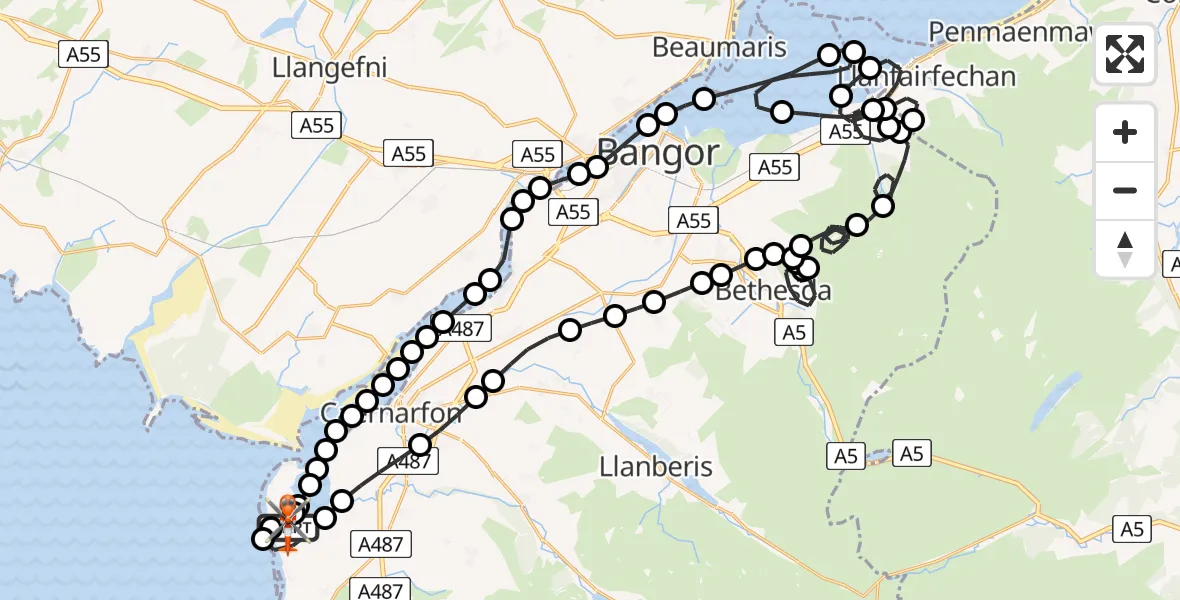 Flight path map showing Coastguard Helicopter route from Caernarfon Airport to Caernarfon Airport