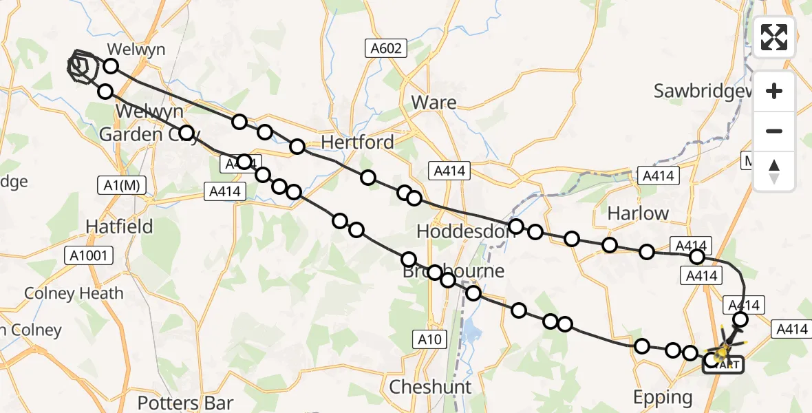 Flight path map showing Police Helicopter route from North Weald Airfield to North Weald Airfield