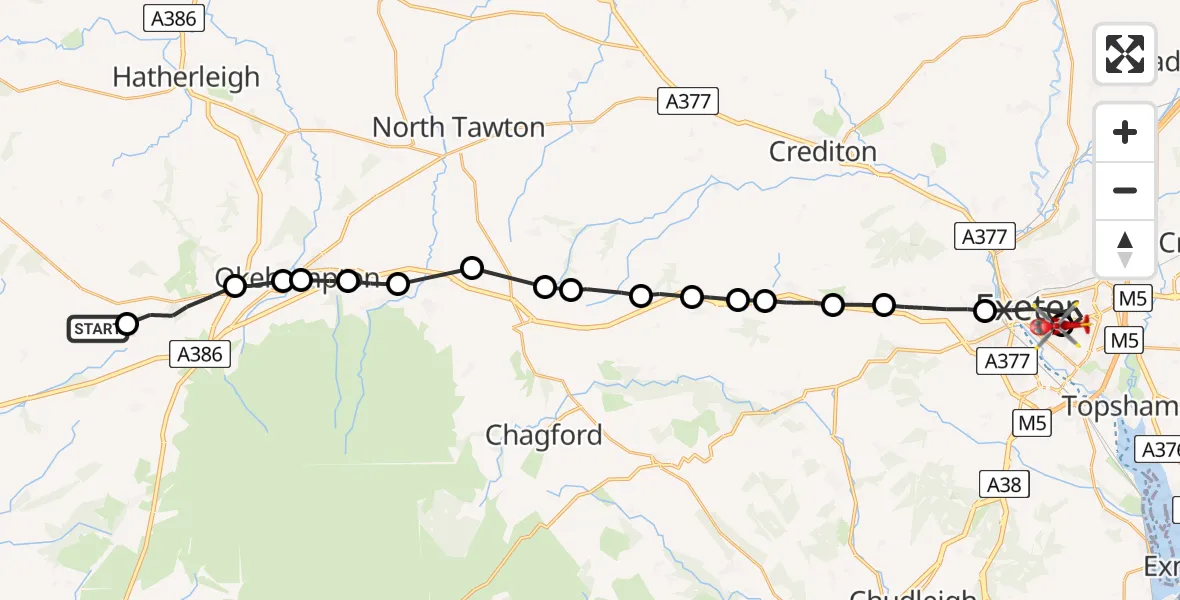 Flight path map showing Air Ambulance Helicopter route from West Devon to Royal Devon & Exeter Hospital