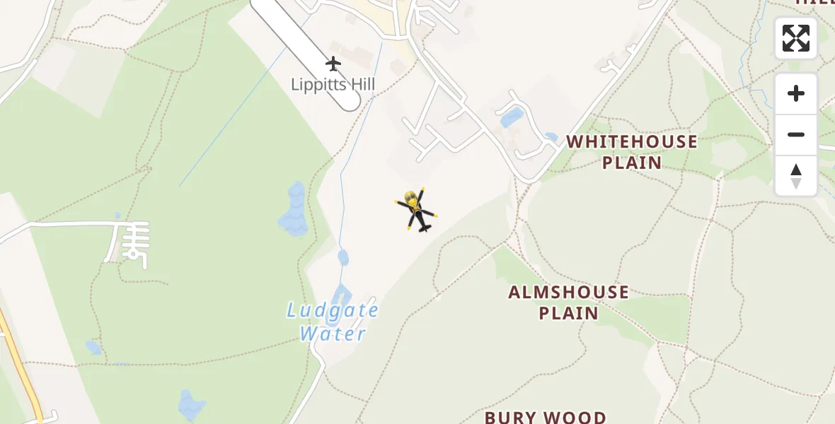 Flight path map showing Police Helicopter route from Metropolitan Police Air Support Unit Lippitts Hill to Metropolitan Police Air Support Unit Lippitts Hill