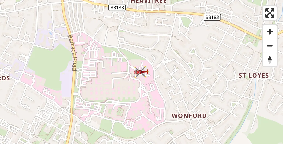 Flight path map showing Air Ambulance Helicopter route from Royal Devon & Exeter Hospital to Royal Devon & Exeter Hospital