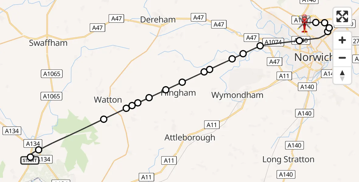 Flight path map showing Air Ambulance Helicopter route from Breckland to Norwich Airport