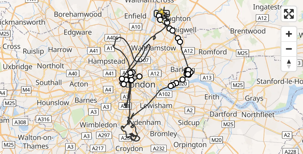 Flight path map showing Police Helicopter route from Sewardstonebury to Metropolitan Police Air Support Unit Lippitts Hill