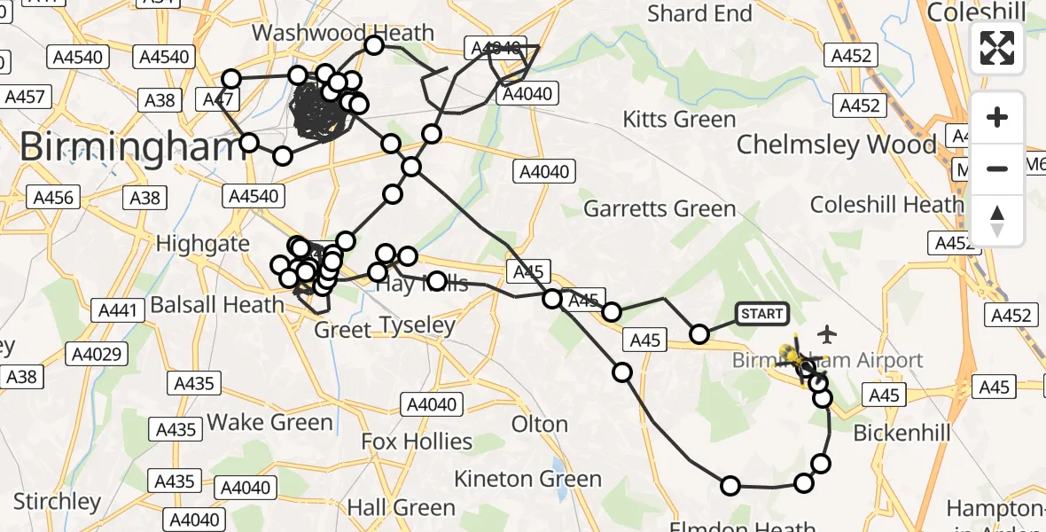 Flight path map showing Police Helicopter route from Birmingham Airport to Birmingham