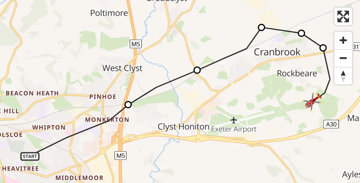 Flight path map showing Air Ambulance Helicopter route from Exeter to Rockbeare