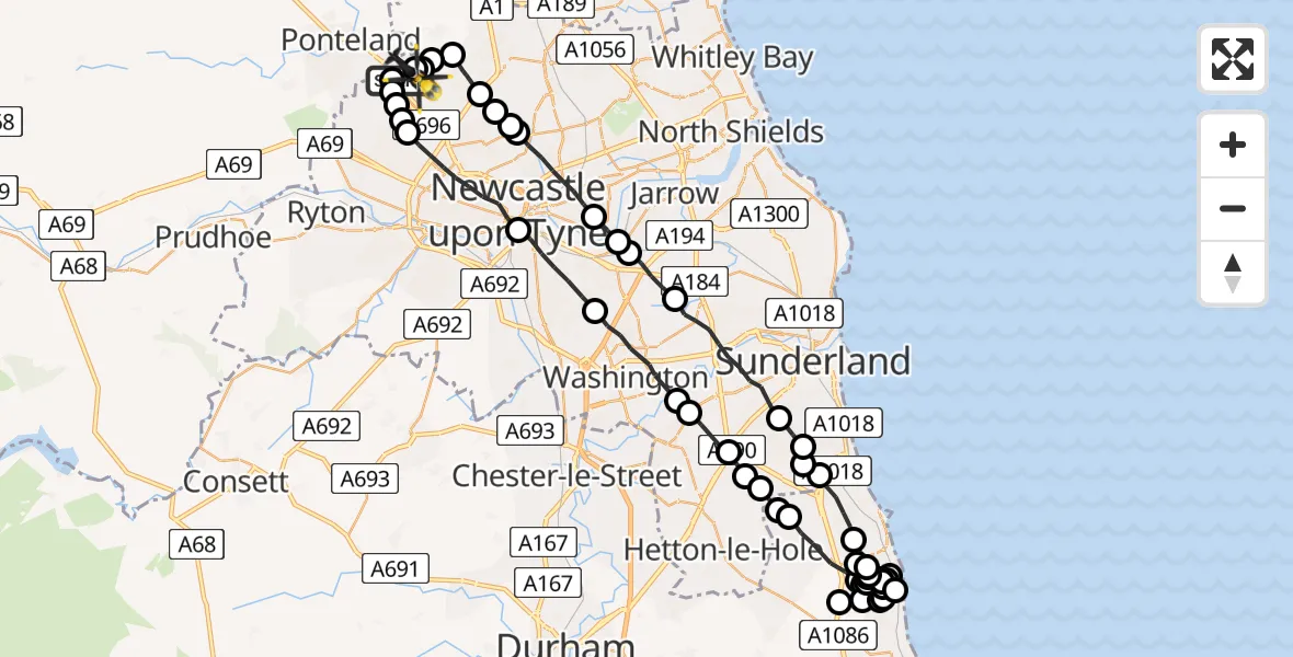 Flight path map showing Police Helicopter route from Newcastle International Airport to Newcastle International Airport