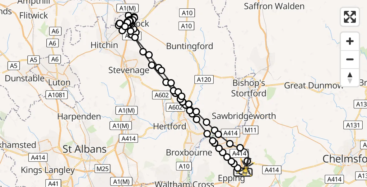 Flight path map showing Police Helicopter route from North Weald Airfield to North Weald Airfield