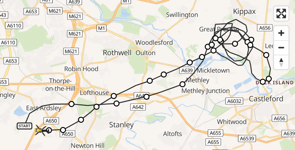 Flight path map showing Police Helicopter route from East Ardsley to East Ardsley