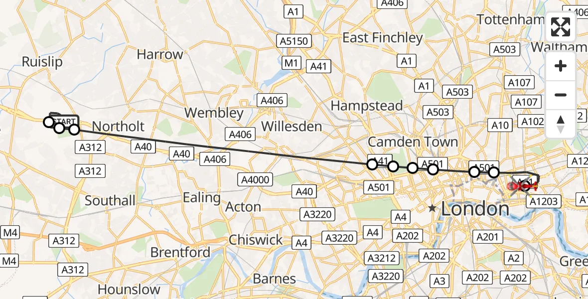 Flight path map showing Air Ambulance Helicopter route from RAF Northolt to Royal London Hospital