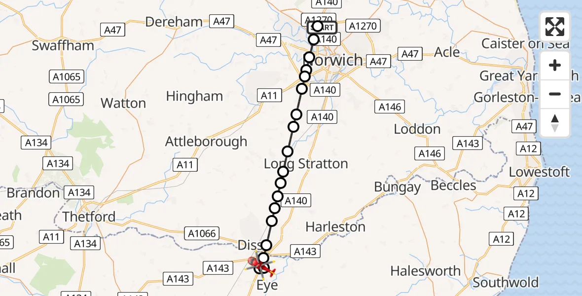 Flight path map showing Air Ambulance Helicopter route from Norwich Airport to Stuston