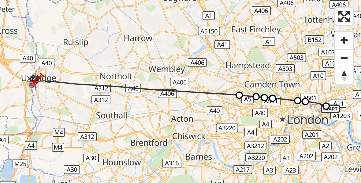 Flight path map showing Air Ambulance Helicopter route from Royal London Hospital to Greater London