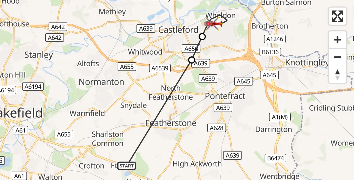 Flight path map showing Air Ambulance Helicopter route from YAA Nostell Helicopter Port to Wheldon