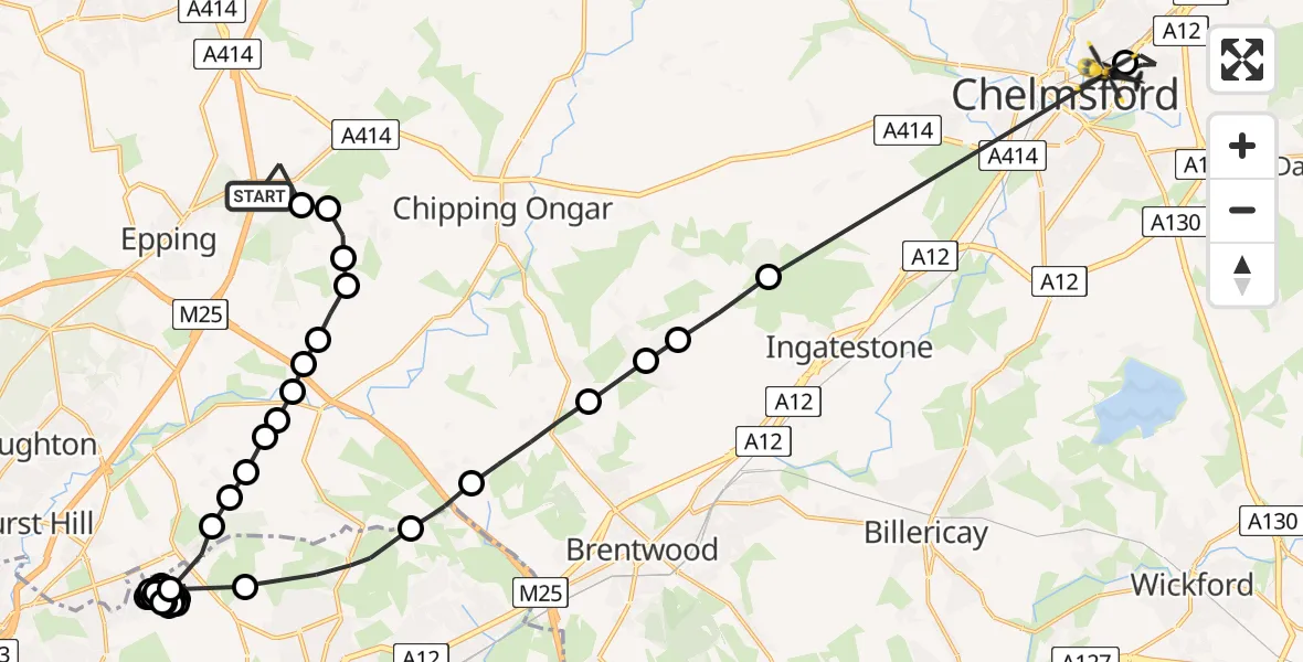Flight path map showing Police Helicopter route from North Weald Airfield to Chelmsford