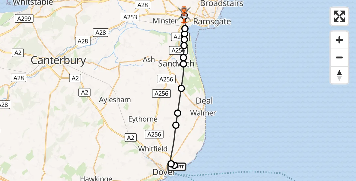 Flight path map showing Coastguard Helicopter route from Langdon Battery Heliport to Manston Airport