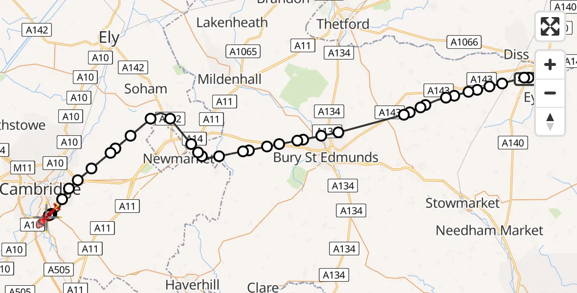 Flight path map showing Air Ambulance Helicopter route from Brome to Papworth Hospital