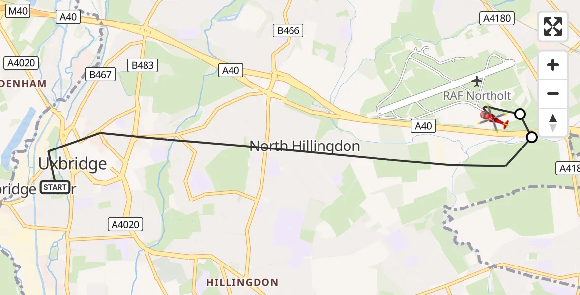Flight path map showing Air Ambulance Helicopter route from Greater London to RAF Northolt