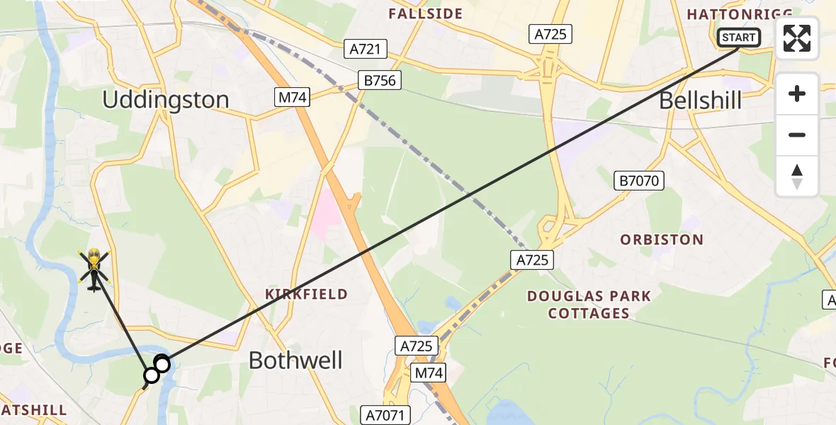 Flight path map showing Police Helicopter route from Bellshill to Blantyre