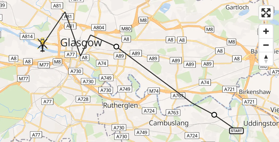 Flight path map showing Police Helicopter route from Uddingston to Glasgow
