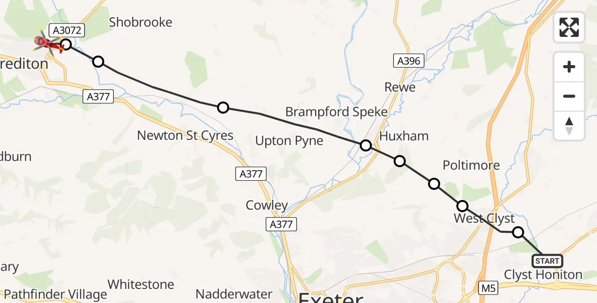 Flight path map showing Air Ambulance Helicopter route from Clyst Honiton to Crediton