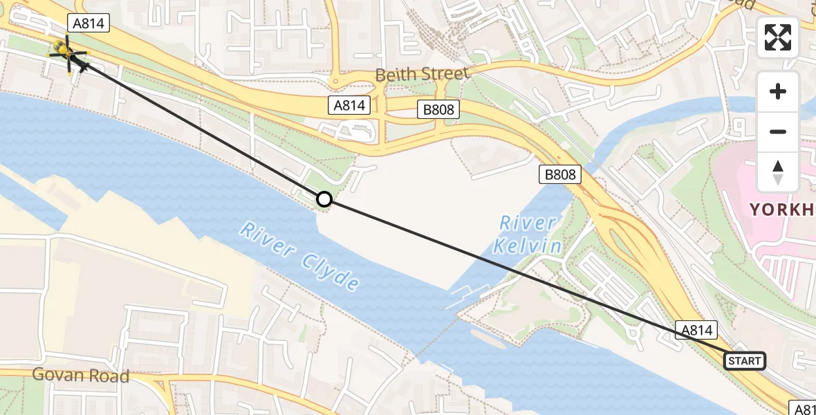 Flight path map showing Police Helicopter route from Glasgow City Heliport to Glasgow
