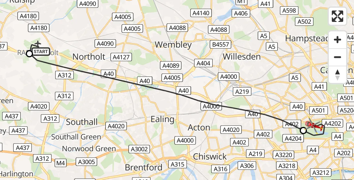 Flight path map showing Air Ambulance Helicopter route from RAF Northolt to City of Westminster