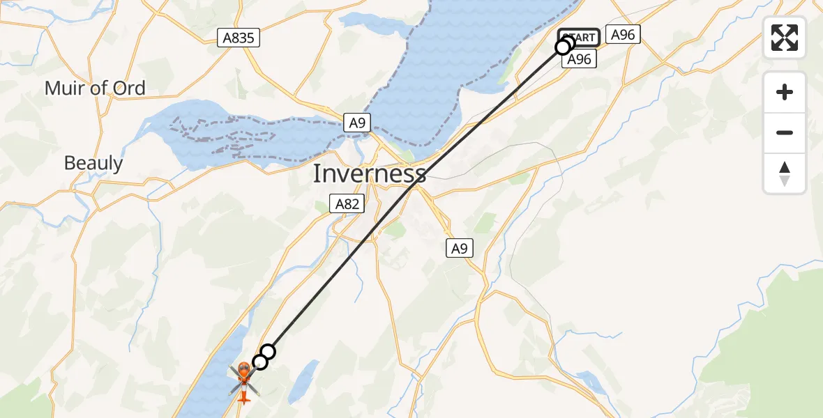 Flight path map showing Coastguard Helicopter route from Inverness Airport to Dores