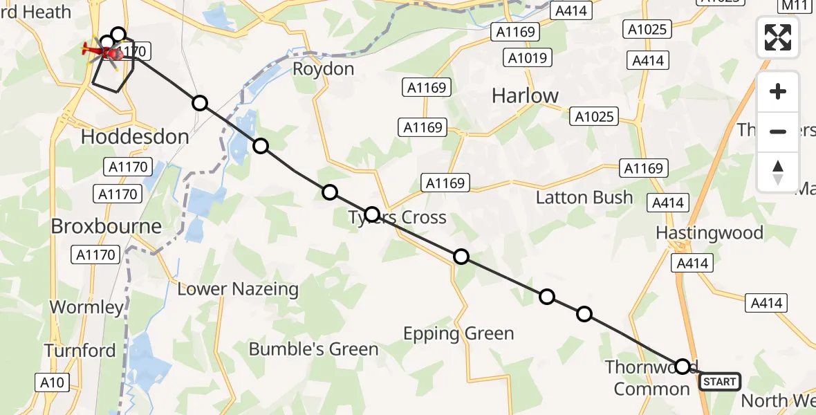 Flight path map showing Air Ambulance Helicopter route from North Weald Airfield to Hoddesdon