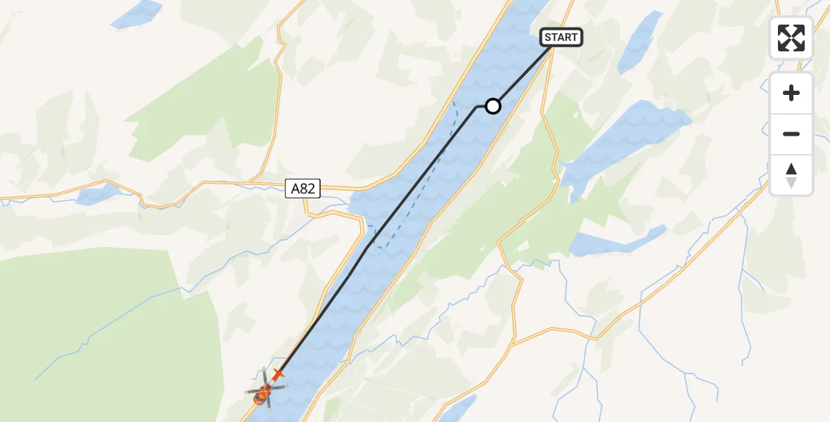 Flight path map showing Coastguard Helicopter route from Dores to Loch Ness