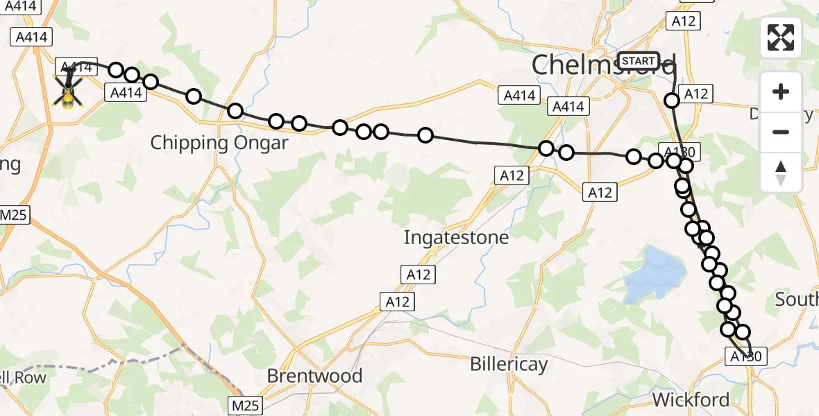 Flight path map showing Police Helicopter route from Chelmsford to North Weald Airfield