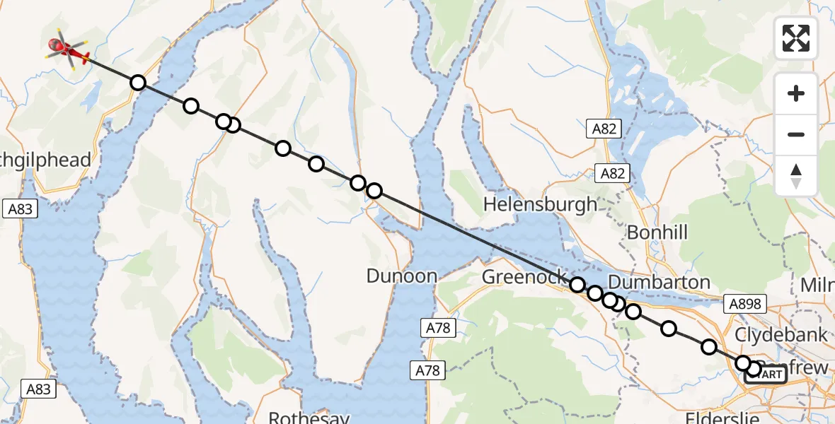 Flight path map showing Air Ambulance Helicopter route from Glasgow Airport to Argyll and Bute