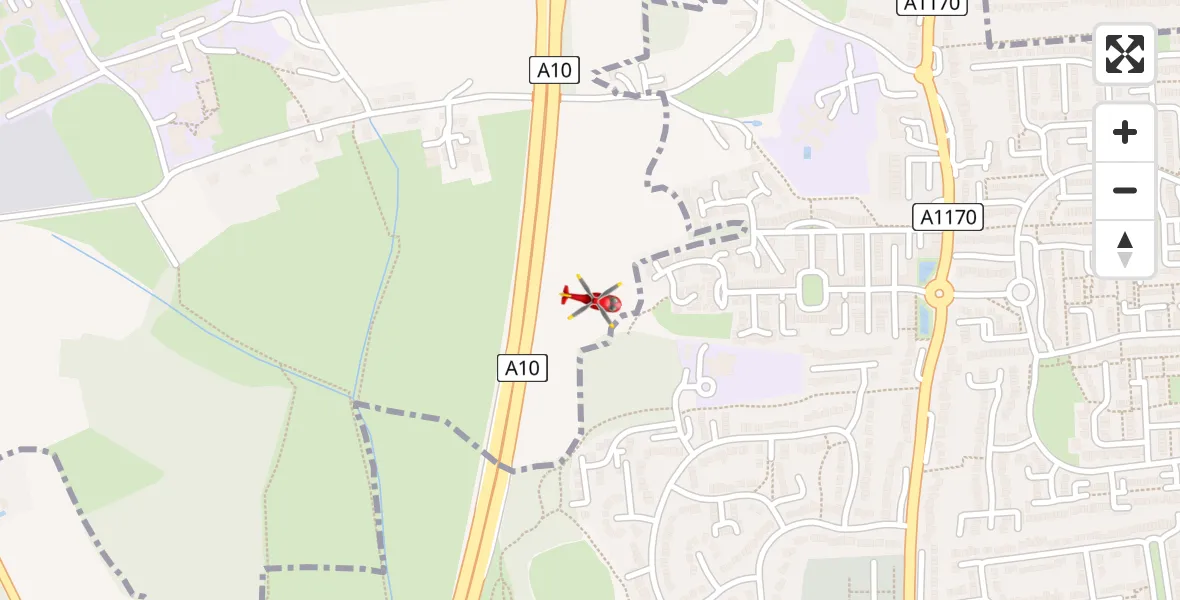 Flight path map showing Air Ambulance Helicopter route from Hoddesdon to Hoddesdon