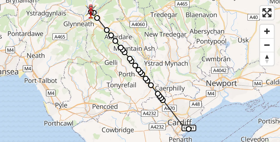 Flight path map showing Air Ambulance Helicopter route from Cardiff Heliport to Powys