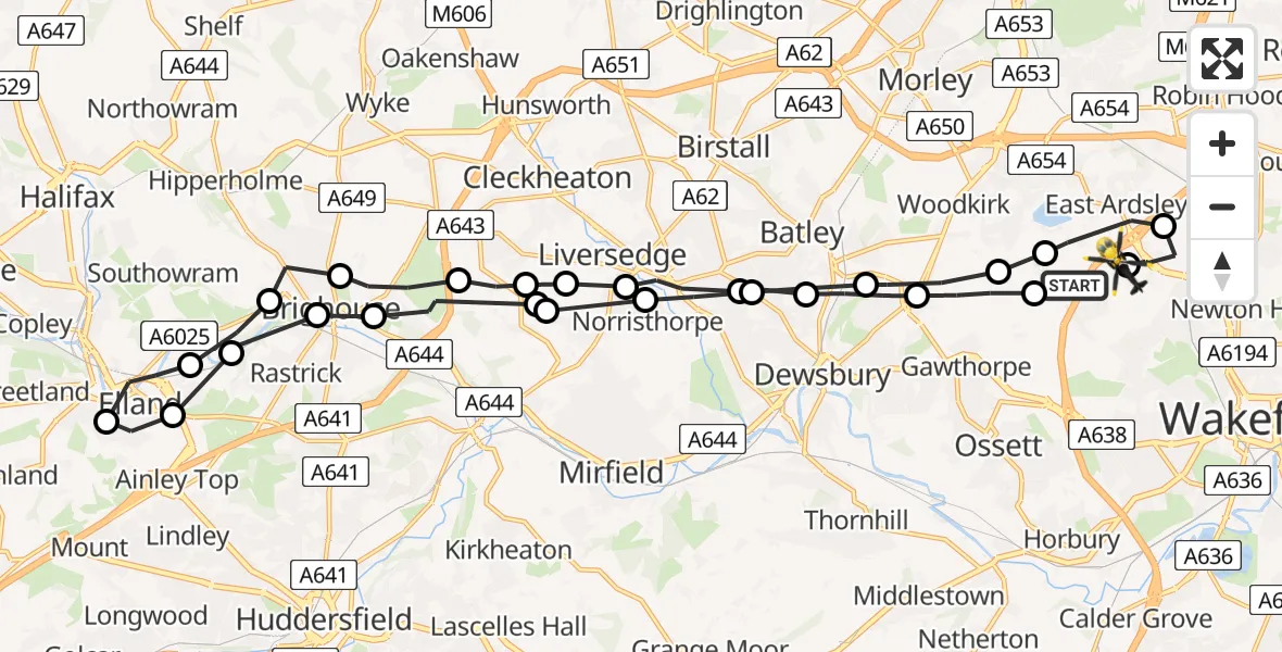 Flight path map showing Police Helicopter route from East Ardsley to East Ardsley