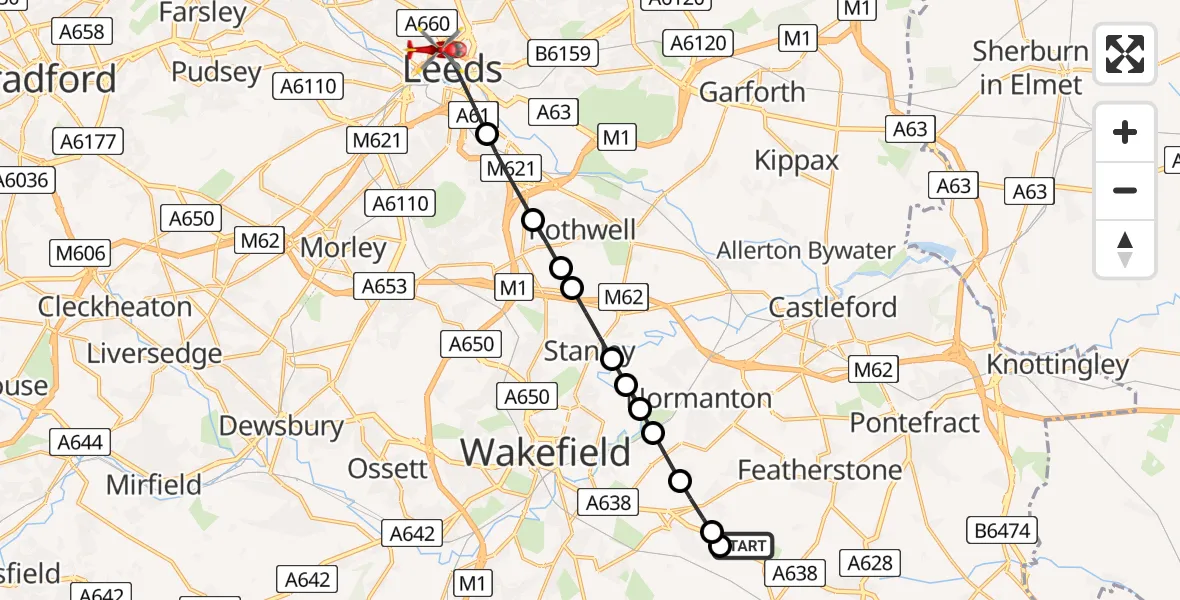 Flight path map showing Air Ambulance Helicopter route from YAA Nostell Helicopter Port to Leeds