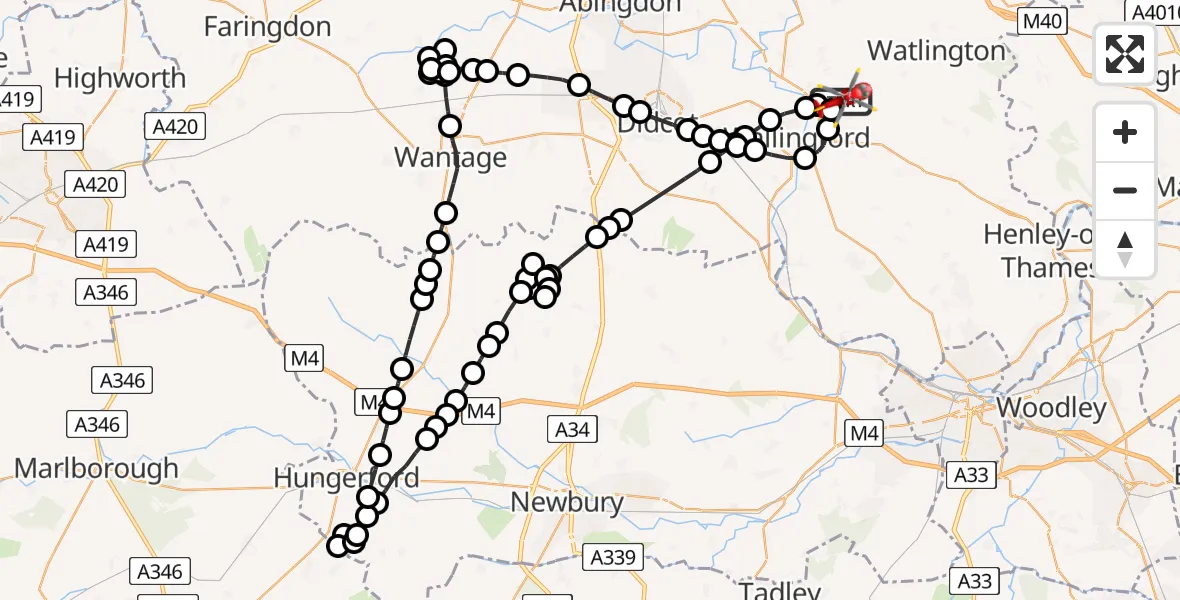 Flight path map showing Air Ambulance Helicopter route from RAF Benson to RAF Benson