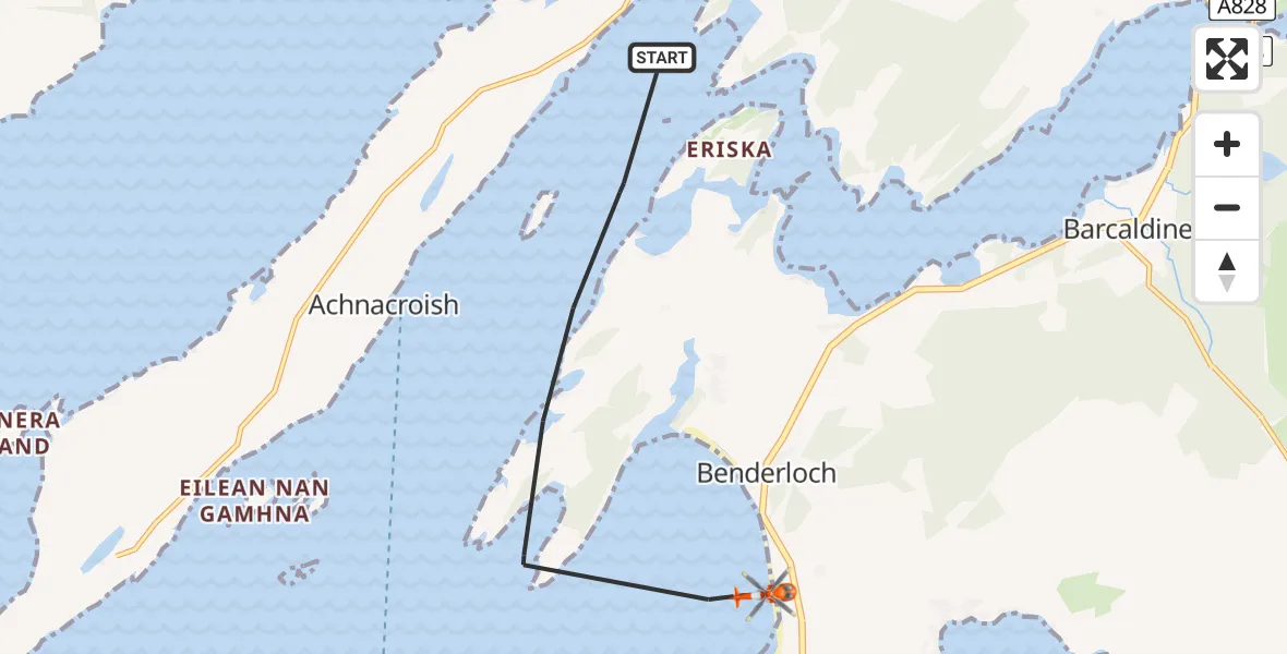 Flight path map showing Coastguard Helicopter route from Inner Seas to Benderloch