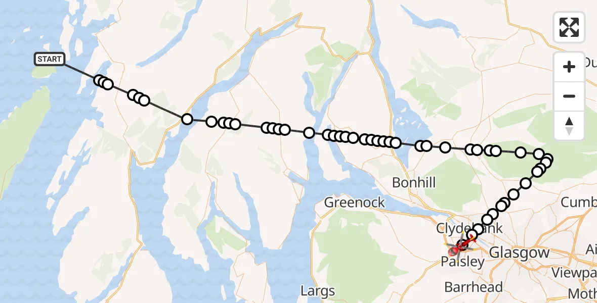 Flight path map showing Air Ambulance Helicopter route from Inner Seas to Glasgow Airport