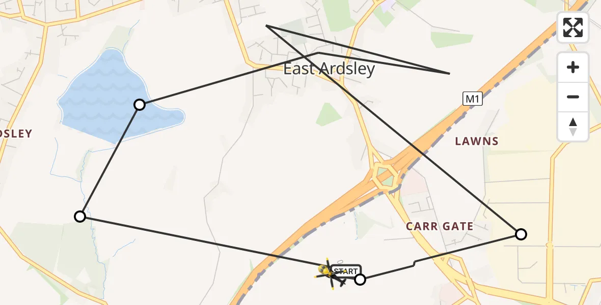 Flight path map showing Police Helicopter route from East Ardsley to East Ardsley