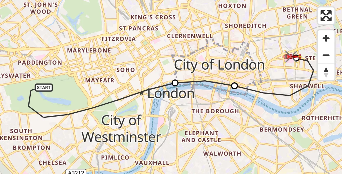 Flight path map showing Air Ambulance Helicopter route from City of Westminster to Royal London Hospital