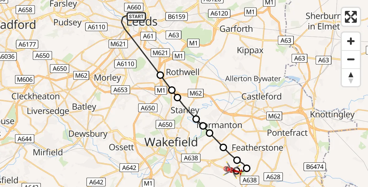 Flight path map showing Air Ambulance Helicopter route from Leeds to YAA Nostell Helicopter Port
