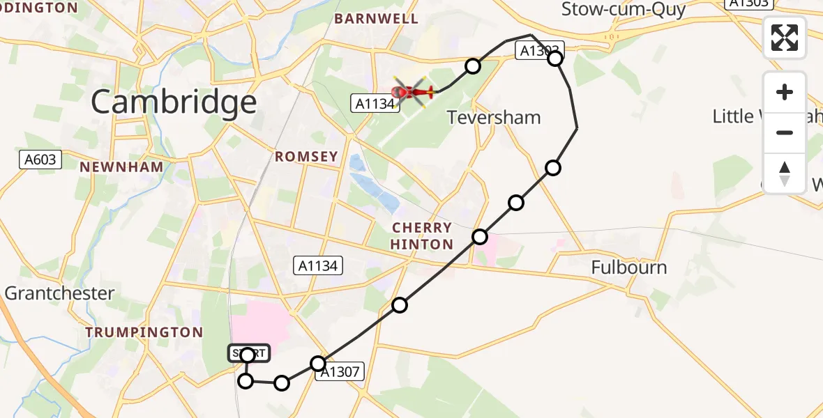 Flight path map showing Air Ambulance Helicopter route from Papworth Hospital to Cambridge City Airport