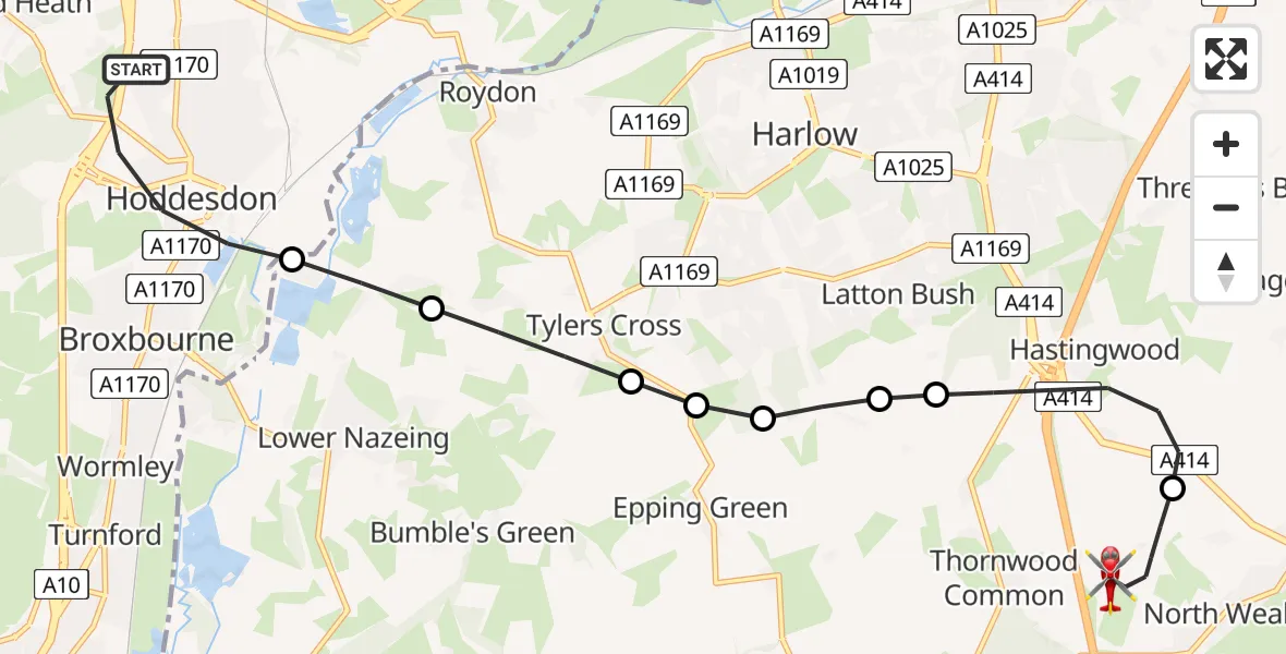 Flight path map showing Air Ambulance Helicopter route from Hoddesdon to North Weald Airfield