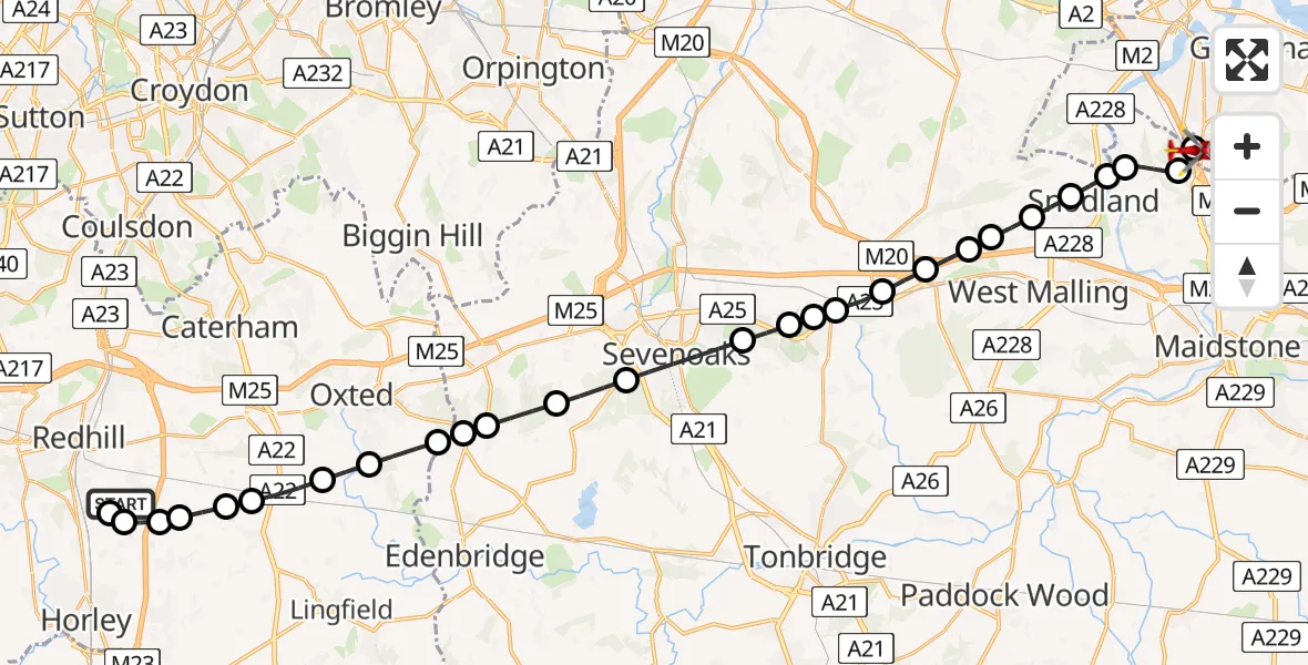 Flight path map showing Air Ambulance Helicopter route from Redhill Aerodrome to Rochester Airport
