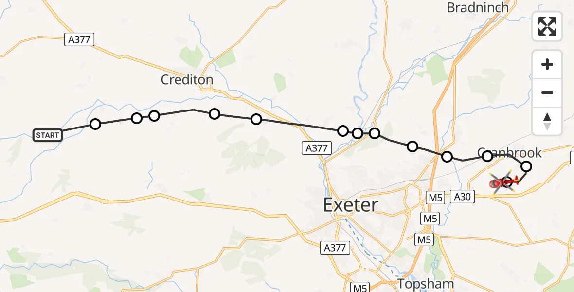 Flight path map showing Air Ambulance Helicopter route from Mid Devon to Exeter International Airport