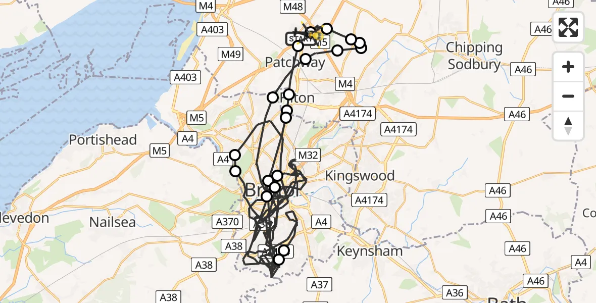 Flight path map showing Police Helicopter route from Almondsbury to Almondsbury Helicopter Base