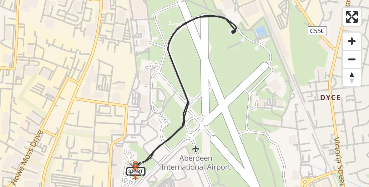 Flight path map showing Coastguard Helicopter route from Aberdeen International Airport to Aberdeen International Airport